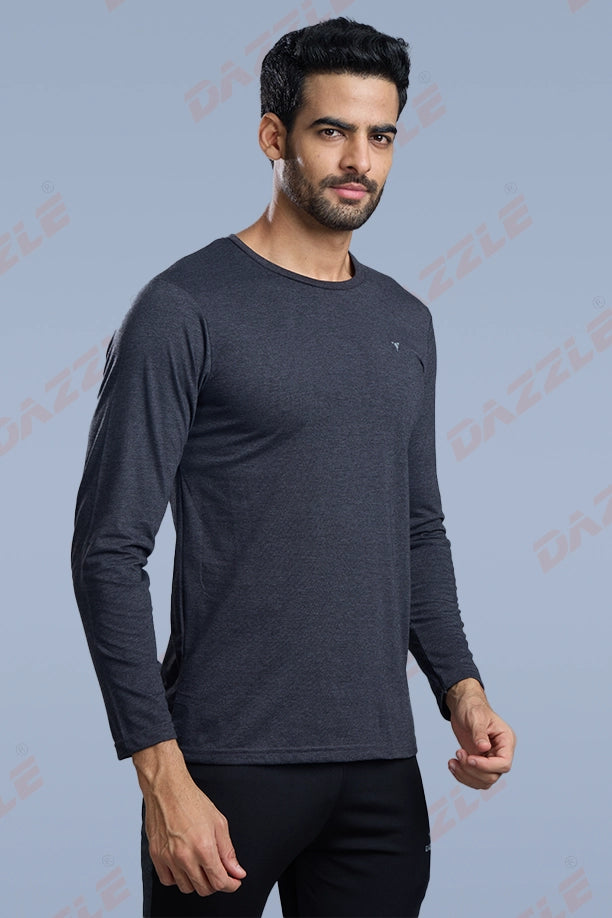 ROUND NECK FULL SLEEVES T- SHIRT - MELANGE BLACK