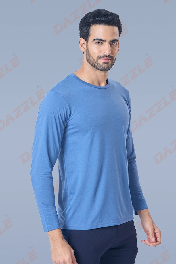 ROUND NECK FULL SLEEVES T- SHIRT - BLUE GREY