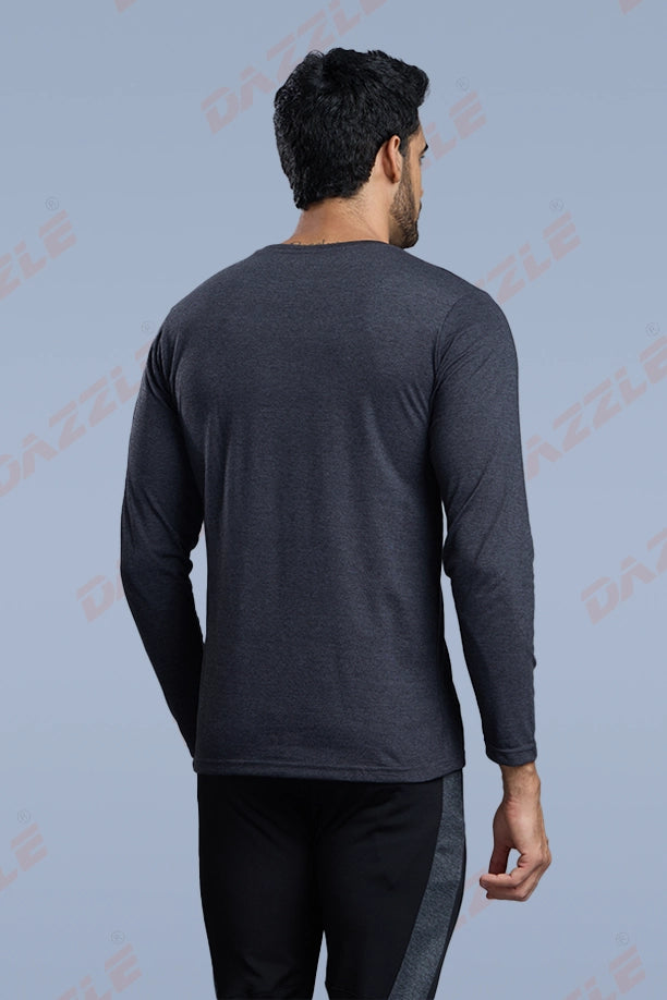 ROUND NECK FULL SLEEVES T- SHIRT - MELANGE BLACK