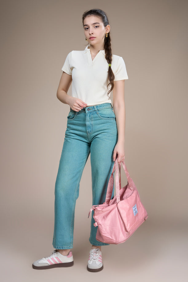 Women Textured Regular Fit Crop Polo T-shirt with COTEX