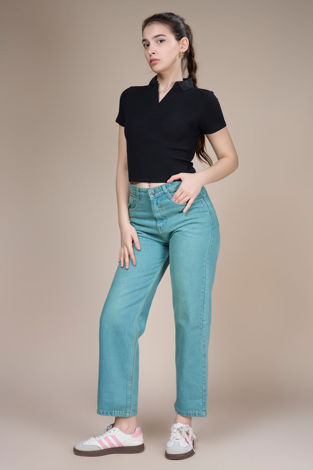 Women Textured Regular Fit Crop Polo T-shirt with COTEX