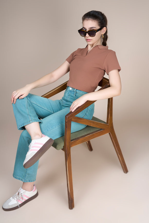 Women Textured Regular Fit Crop Polo T-shirt with COTEX