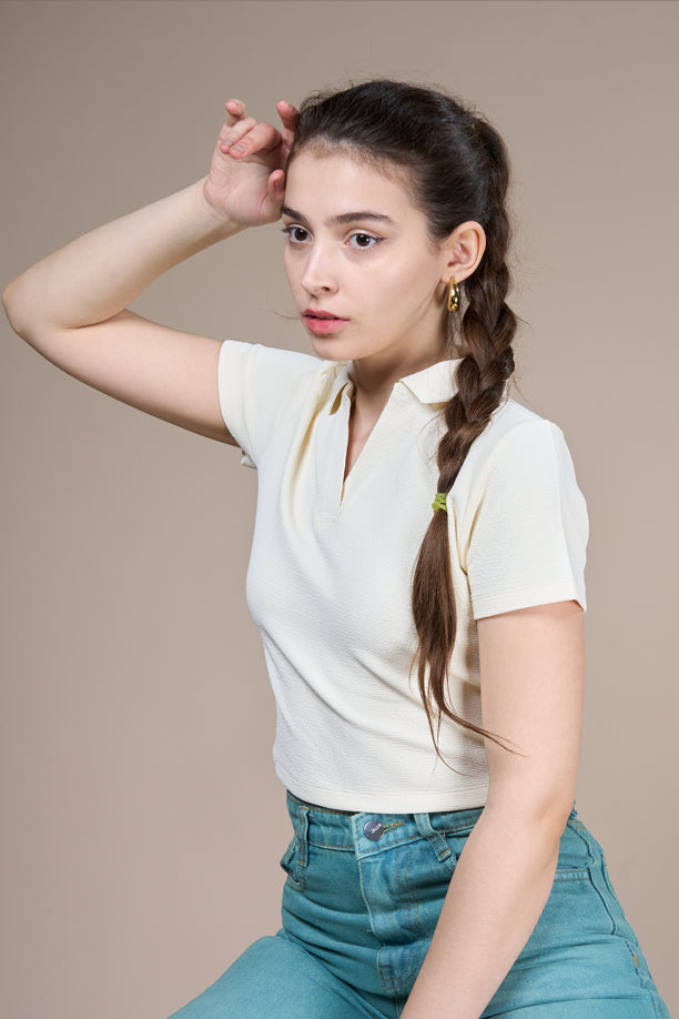 Women Textured Regular Fit Crop Polo T-shirt with COTEX
