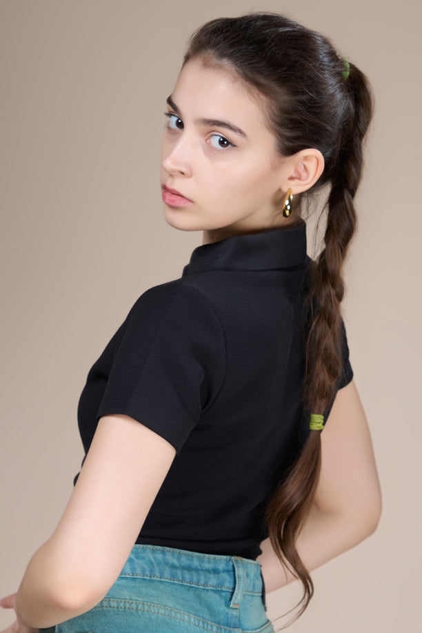 Women Textured Regular Fit Crop Polo T-shirt with COTEX