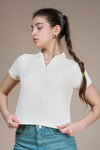 Women Textured Regular Fit Crop Polo T-shirt with COTEX