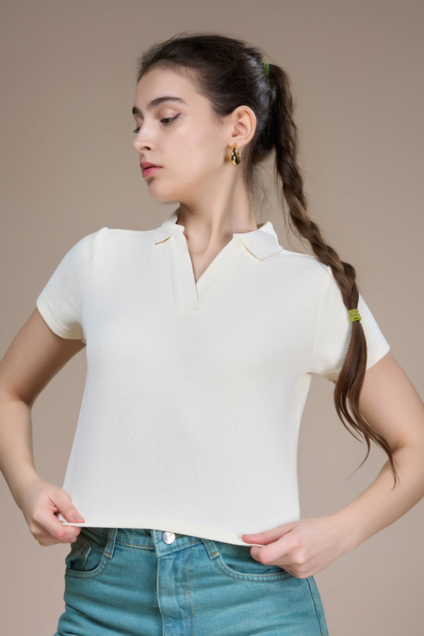 Women Textured Regular Fit Crop Polo T-shirt with COTEX