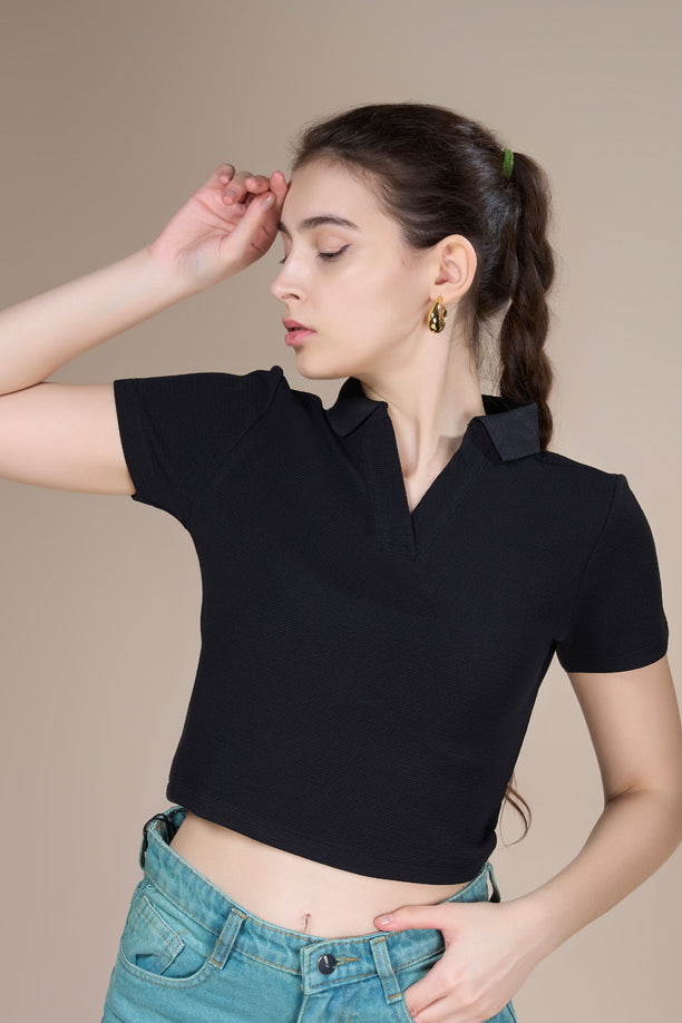 Women Textured Regular Fit Crop Polo T-shirt with COTEX