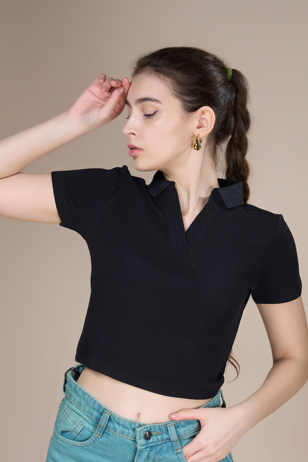 Women Textured Regular Fit Crop Polo T-shirt with COTEX