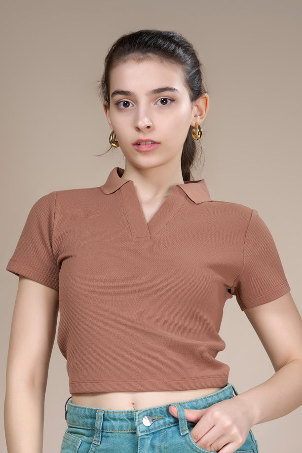 Women Textured Regular Fit Crop Polo T-shirt with COTEX