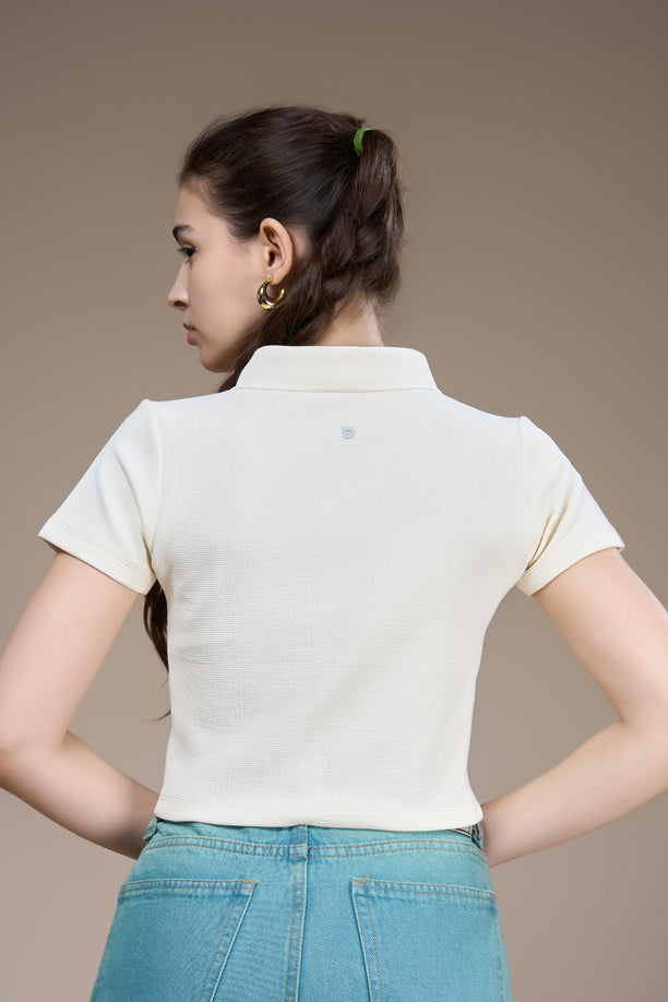 Women Textured Regular Fit Crop Polo T-shirt with COTEX
