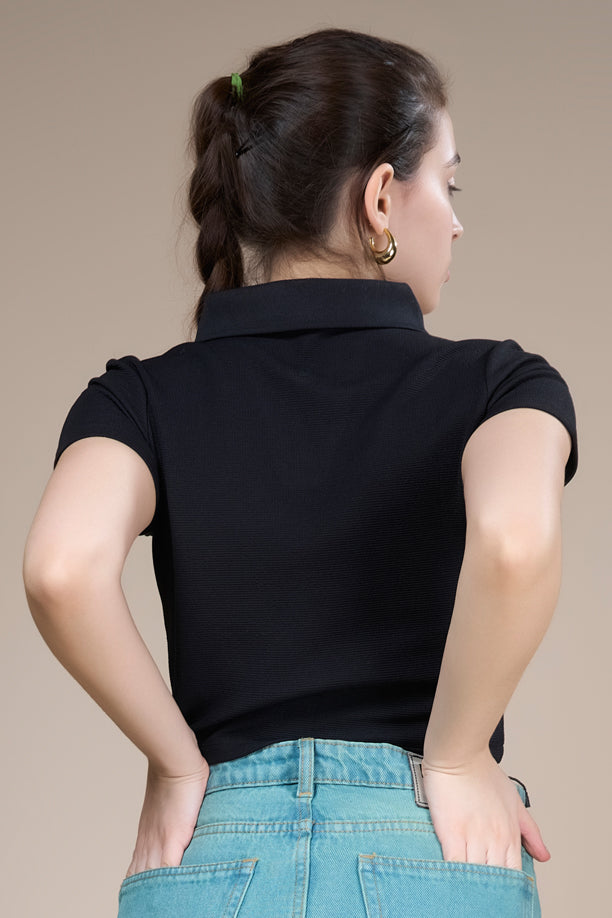 Women Textured Regular Fit Crop Polo T-shirt with COTEX