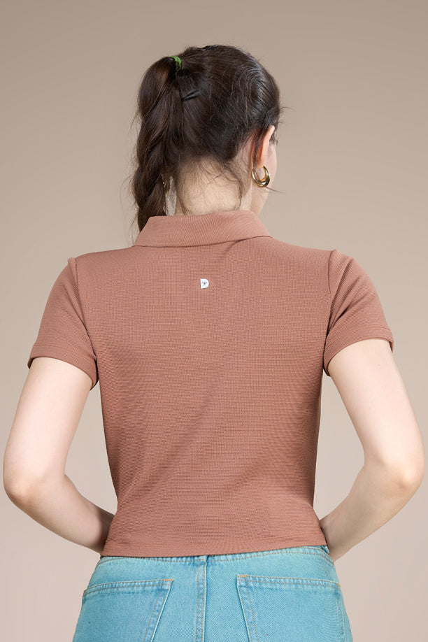Women Textured Regular Fit Crop Polo T-shirt with COTEX