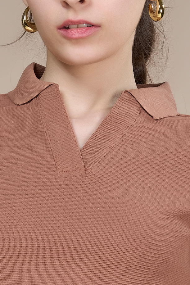 Women Textured Regular Fit Crop Polo T-shirt with COTEX