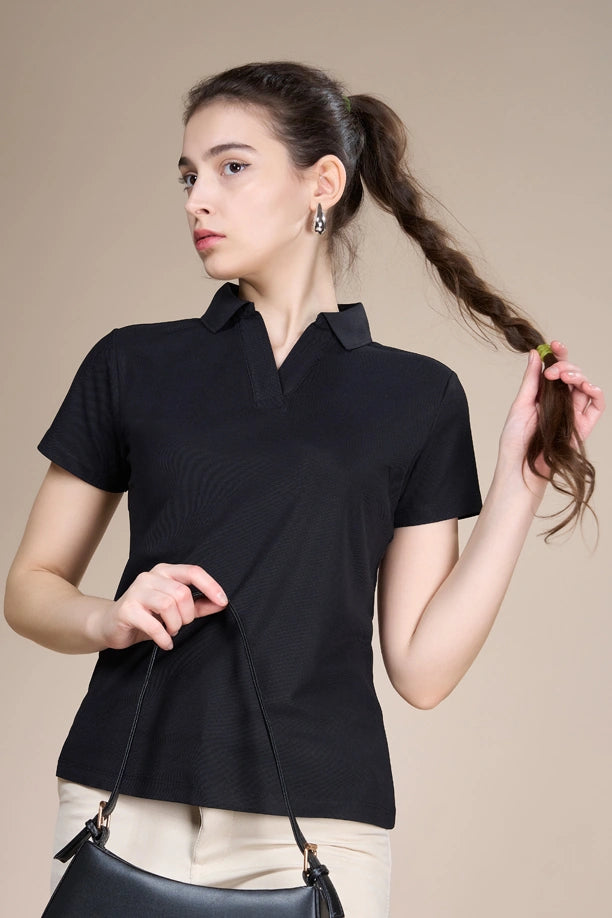 Women Solid Regular Fit Polo T-shirt with COOLEX