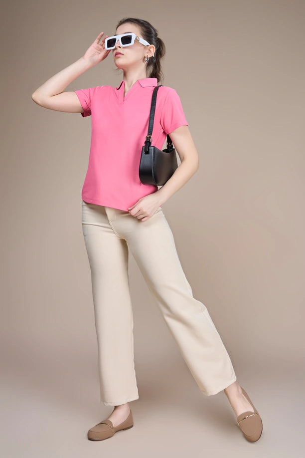 Women Solid Regular Fit Polo T-shirt with COOLEX