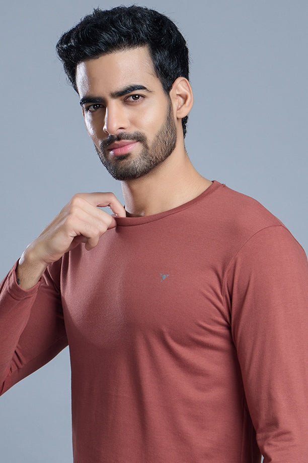 ROUND NECK FULL SLEEVES T- SHIRT - BRICK RED
