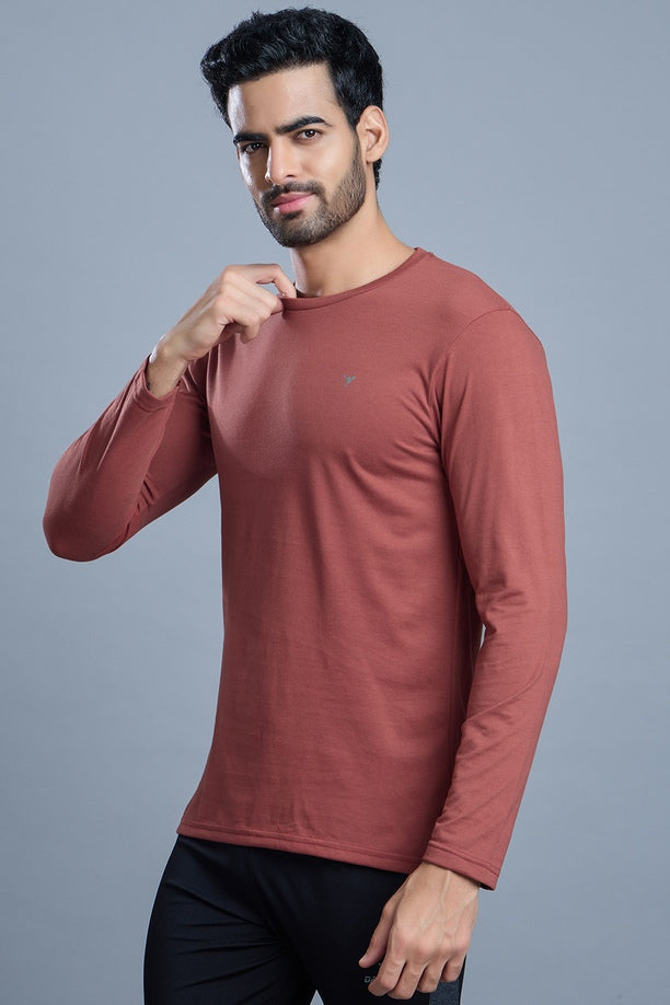 ROUND NECK FULL SLEEVES T- SHIRT - BRICK RED