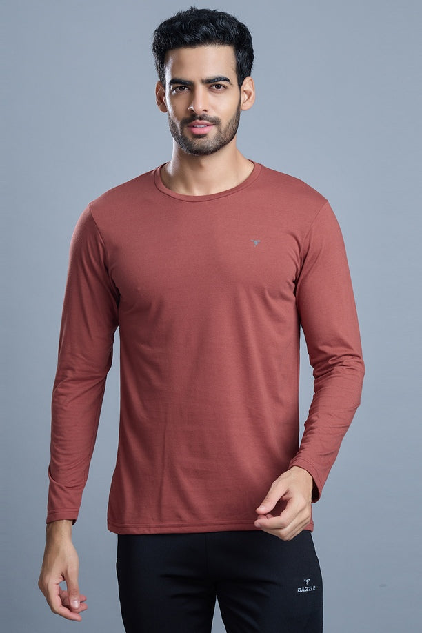 ROUND NECK FULL SLEEVES T- SHIRT - BRICK RED