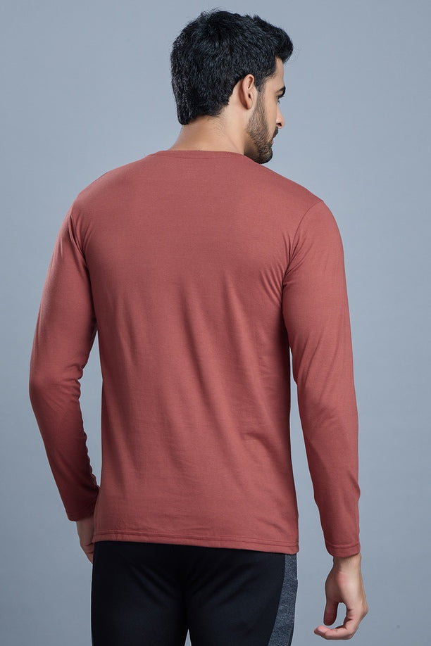 ROUND NECK FULL SLEEVES T- SHIRT - BRICK RED